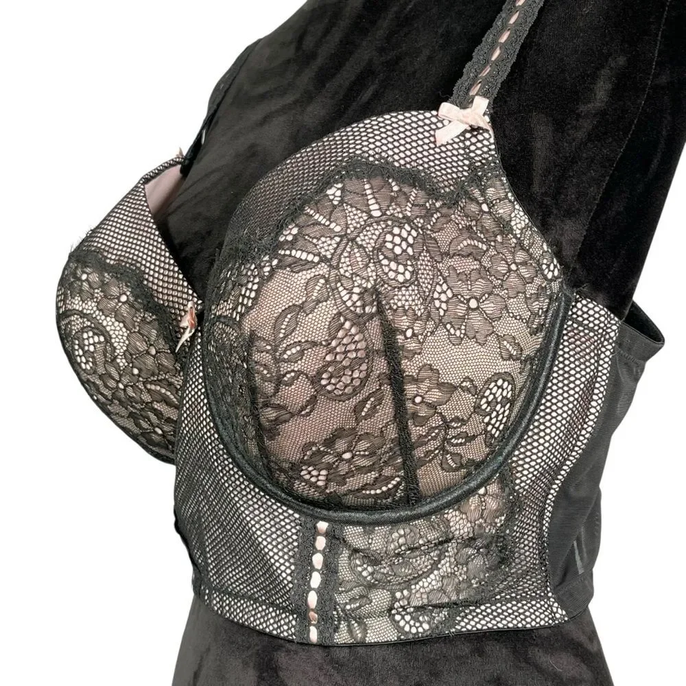 Cacique Black Lace Underwire Bra Mesh Balconette Intimate Wear 44DD